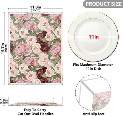 Floral Flowers Pink Leaves Print Serving Tray with Handles Decorative Ottoman Rectangle Acrylic Tray for Party Breakfast Dinner 16x12 Inch