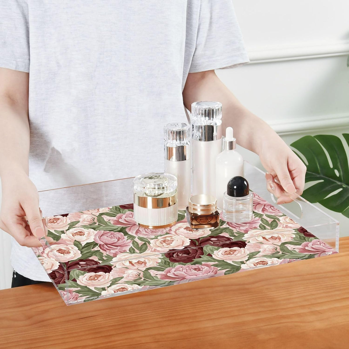 Floral Flowers Pink Leaves Print Serving Tray with Handles Decorative Ottoman Rectangle Acrylic Tray for Party Breakfast Dinner 16x12 Inch