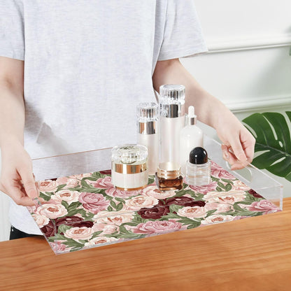 Floral Flowers Pink Leaves Print Serving Tray with Handles Decorative Ottoman Rectangle Acrylic Tray for Party Breakfast Dinner 16x12 Inch