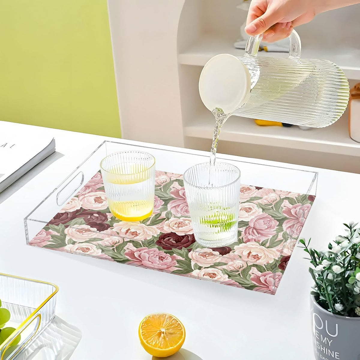 Floral Flowers Pink Leaves Print Serving Tray with Handles Decorative Ottoman Rectangle Acrylic Tray for Party Breakfast Dinner 16x12 Inch