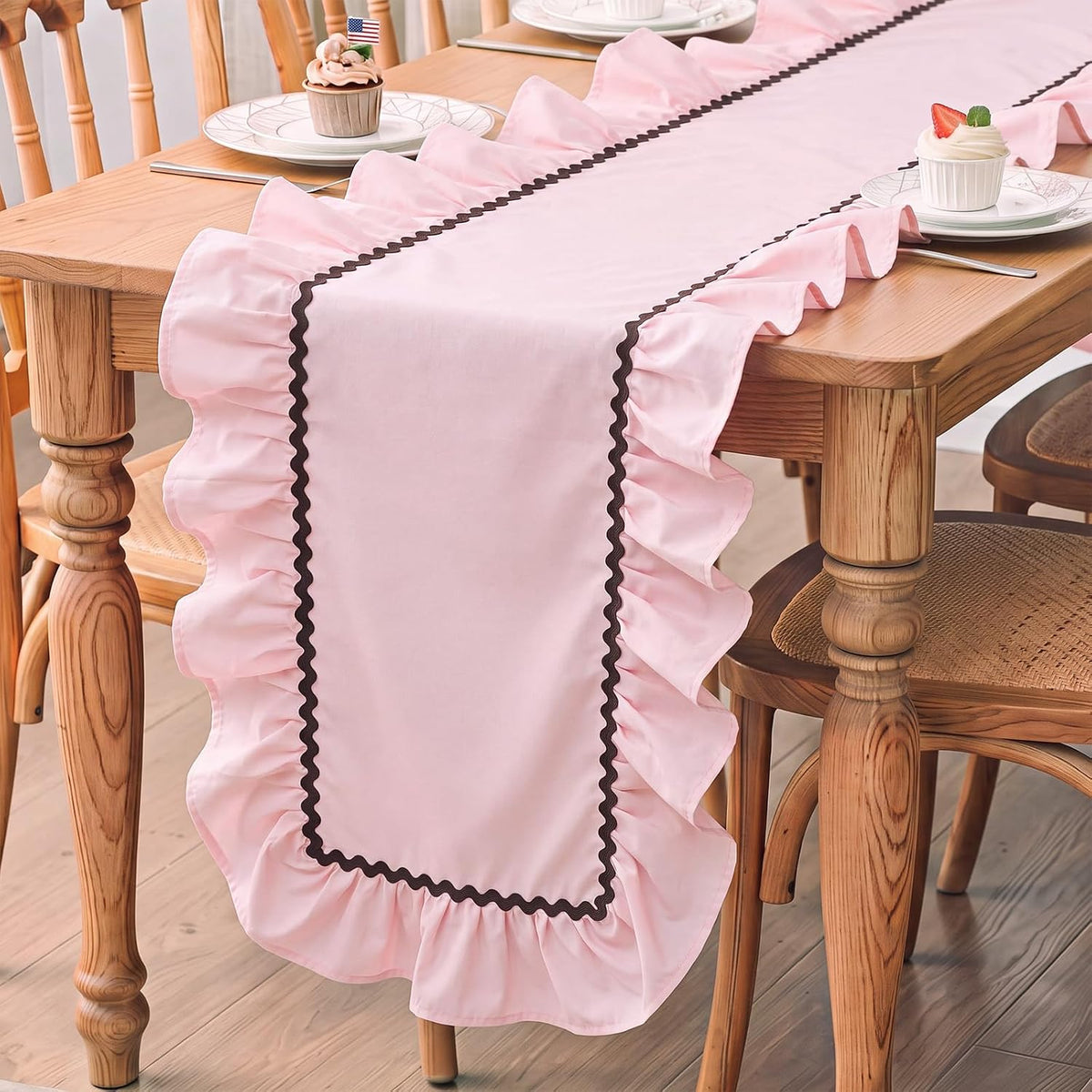 1 Pack Ruffle Table Runner 90 x 16'' Farmhouse Scalloped Pleated Table Runner Cotton Scalloped Long Dresser Scarves for Dining Room, Wedding, Kitchen Rustic Home Decor(Solid,Pink)