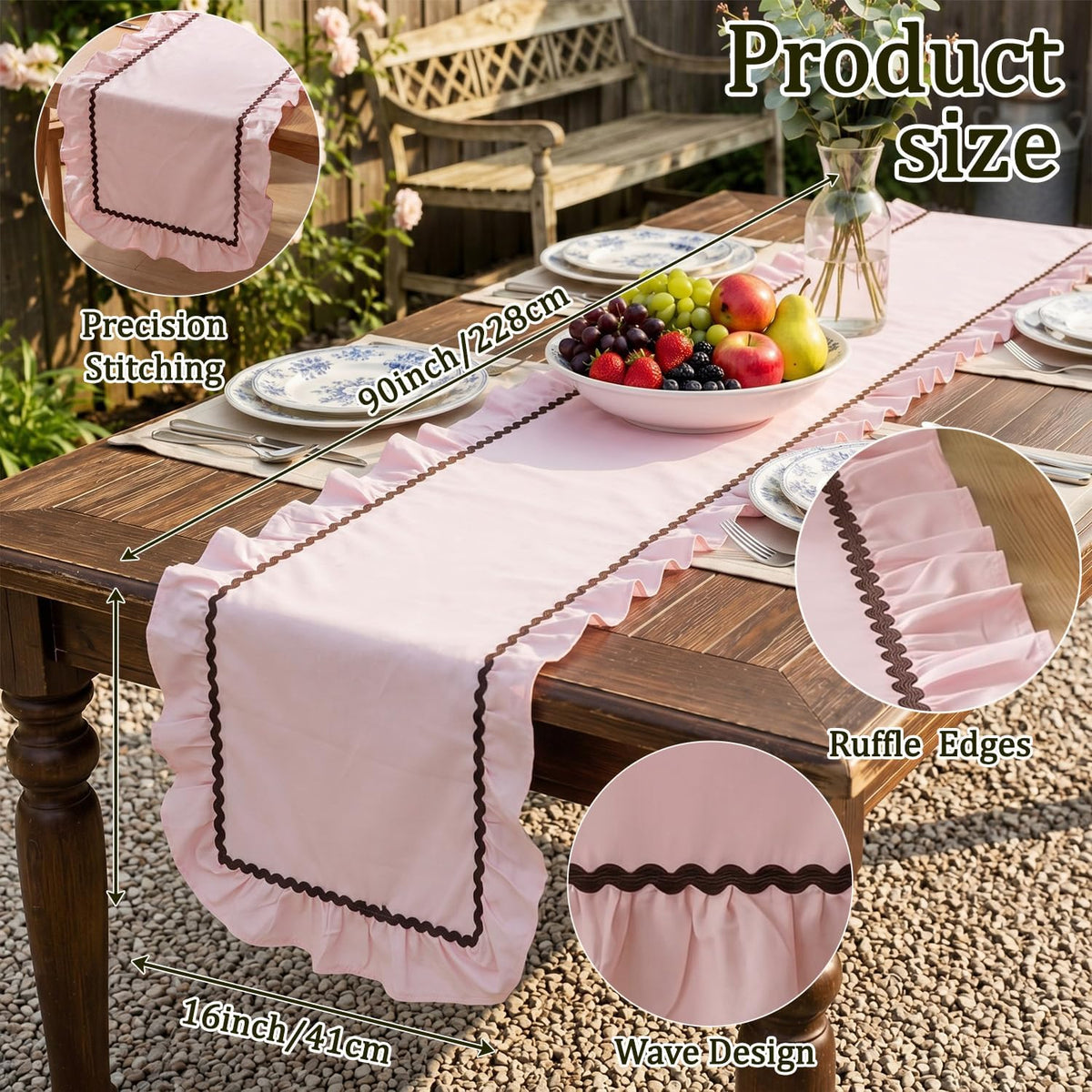 1 Pack Ruffle Table Runner 90 x 16'' Farmhouse Scalloped Pleated Table Runner Cotton Scalloped Long Dresser Scarves for Dining Room, Wedding, Kitchen Rustic Home Decor(Solid,Pink)