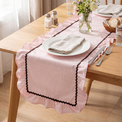1 Pack Ruffle Table Runner 90 x 16'' Farmhouse Scalloped Pleated Table Runner Cotton Scalloped Long Dresser Scarves for Dining Room, Wedding, Kitchen Rustic Home Decor(Solid,Pink)