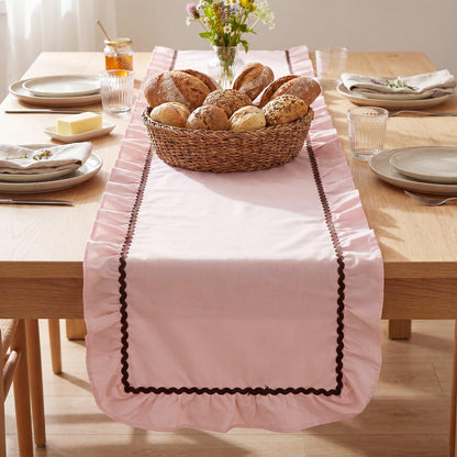 1 Pack Ruffle Table Runner 90 x 16'' Farmhouse Scalloped Pleated Table Runner Cotton Scalloped Long Dresser Scarves for Dining Room, Wedding, Kitchen Rustic Home Decor(Solid,Pink)