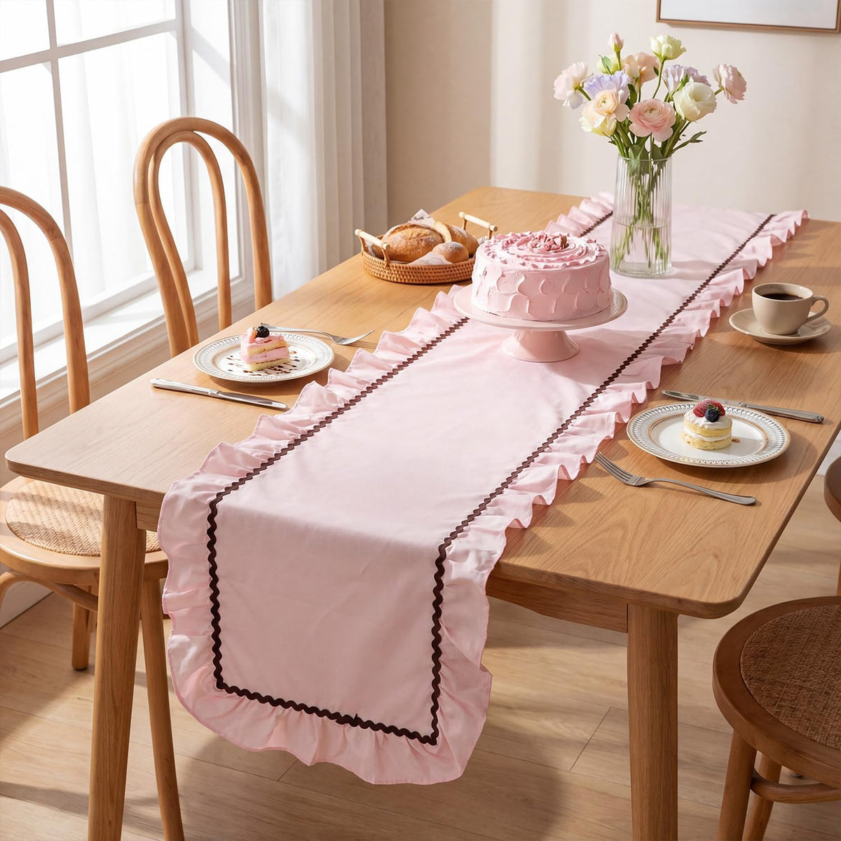 1 Pack Ruffle Table Runner 90 x 16'' Farmhouse Scalloped Pleated Table Runner Cotton Scalloped Long Dresser Scarves for Dining Room, Wedding, Kitchen Rustic Home Decor(Solid,Pink)