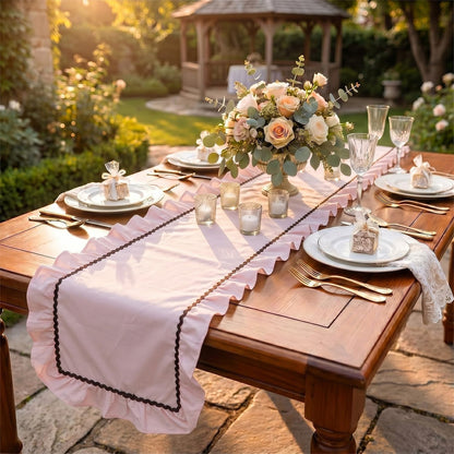 1 Pack Ruffle Table Runner 90 x 16'' Farmhouse Scalloped Pleated Table Runner Cotton Scalloped Long Dresser Scarves for Dining Room, Wedding, Kitchen Rustic Home Decor(Solid,Pink)