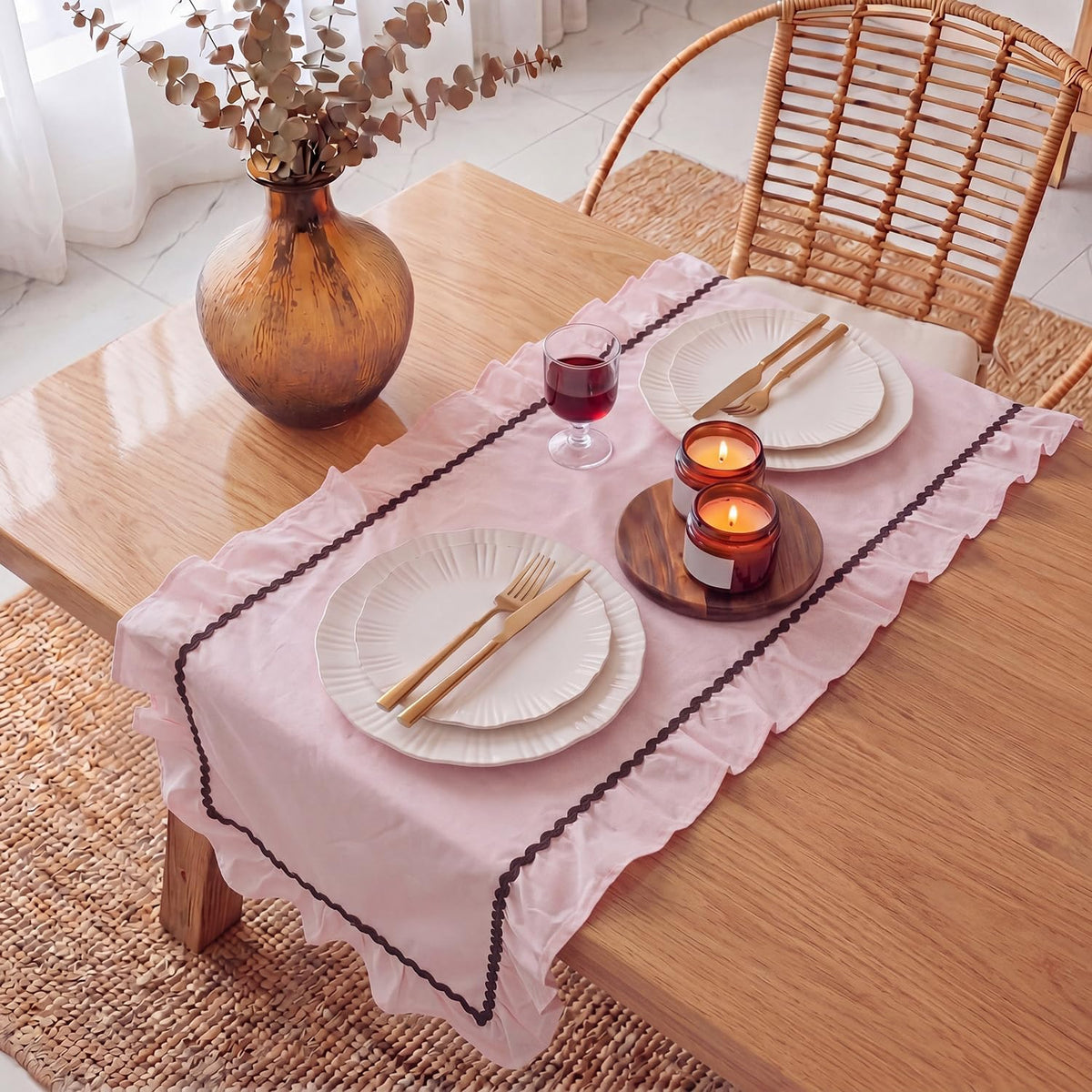 1 Pack Ruffle Table Runner 90 x 16'' Farmhouse Scalloped Pleated Table Runner Cotton Scalloped Long Dresser Scarves for Dining Room, Wedding, Kitchen Rustic Home Decor(Solid,Pink)