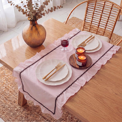 1 Pack Ruffle Table Runner 90 x 16'' Farmhouse Scalloped Pleated Table Runner Cotton Scalloped Long Dresser Scarves for Dining Room, Wedding, Kitchen Rustic Home Decor(Solid,Pink)