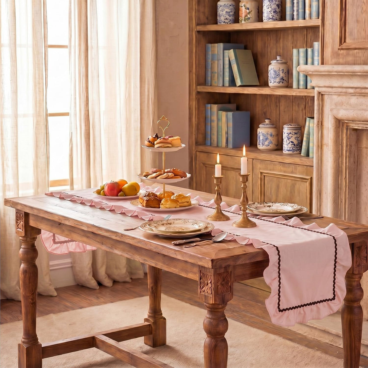 1 Pack Ruffle Table Runner 90 x 16'' Farmhouse Scalloped Pleated Table Runner Cotton Scalloped Long Dresser Scarves for Dining Room, Wedding, Kitchen Rustic Home Decor(Solid,Pink)