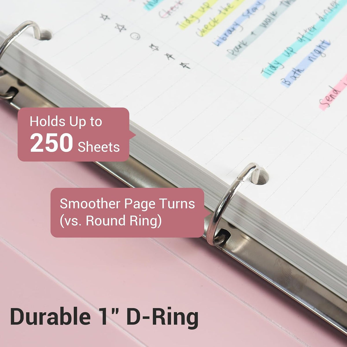 1 Inch 3 Ring Binder, D-Ring Binder Holds 250 Sheets, PP Cover with Writable Spine Label, Lay-Flat Design, Letter Size 8.5x11, Lightweight for School, Office & Home Organization, 1 Pack, Pink