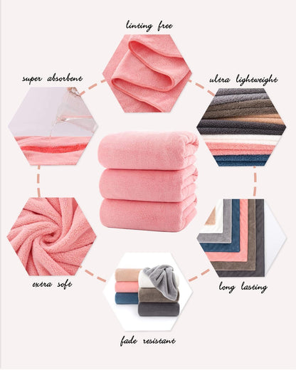 Towels 3 Piece Very Soft Microfiber Bath Towel Set Super Absorbent Light Quick Dry and Durable, 55" L x 27" W, 3 Pack Pink Red