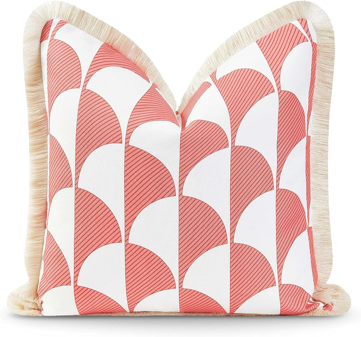 Coastal Patio Indoor Outdoor Pillow Cover Only, 20"x20" Water Resistant for Backyard, Couch, Coral Pink Scale Motif Fringe