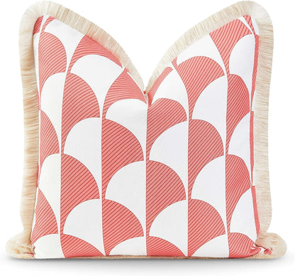Coastal Patio Indoor Outdoor Pillow Cover Only, 20"x20" Water Resistant for Backyard, Couch, Coral Pink Scale Motif Fringe