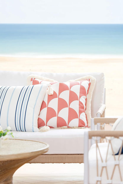 Coastal Patio Indoor Outdoor Pillow Cover Only, 20"x20" Water Resistant for Backyard, Couch, Coral Pink Scale Motif Fringe