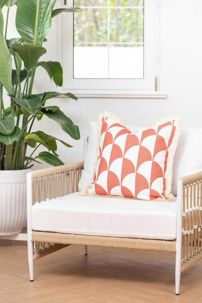 Coastal Patio Indoor Outdoor Pillow Cover Only, 20"x20" Water Resistant for Backyard, Couch, Coral Pink Scale Motif Fringe