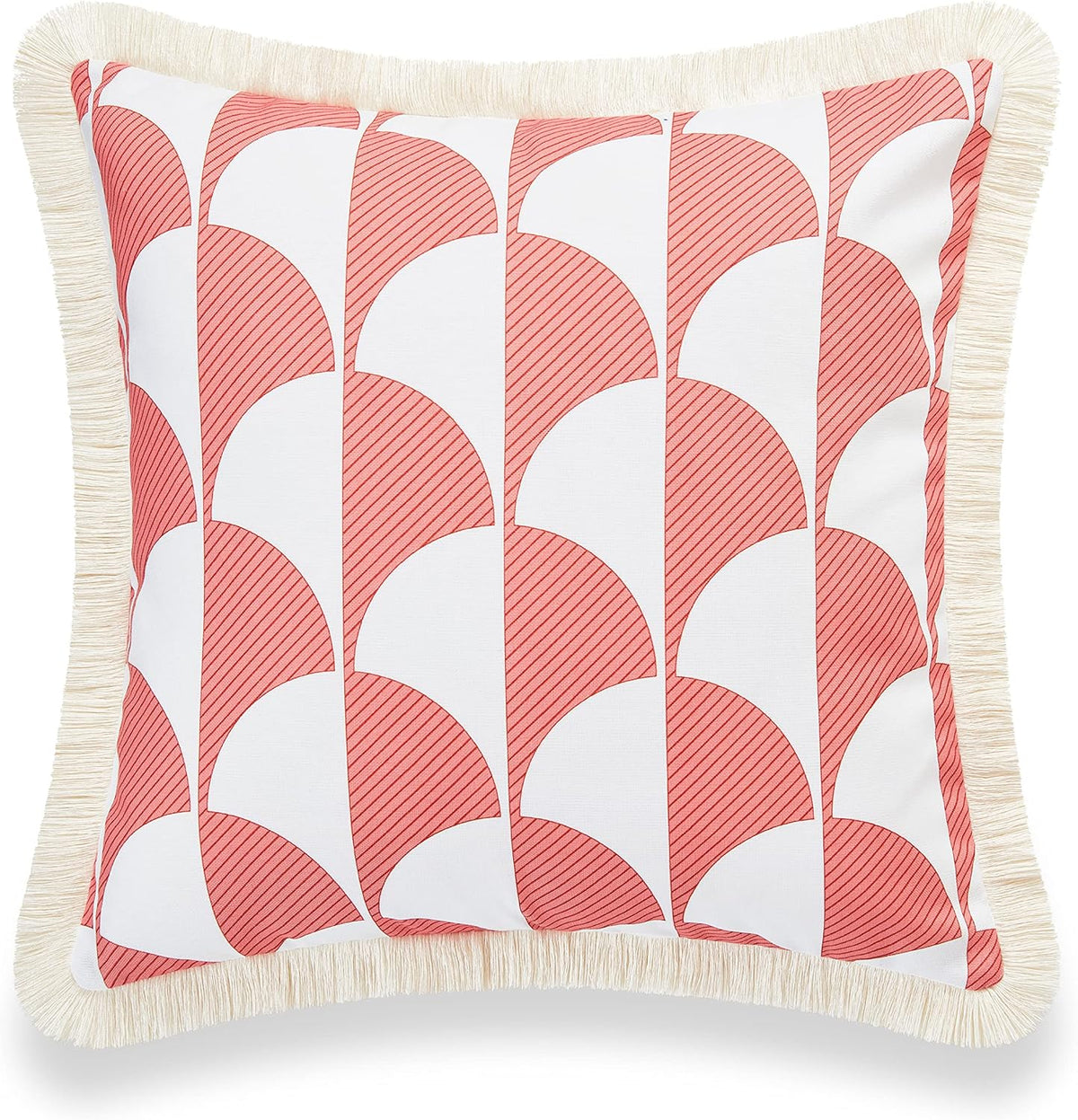 Coastal Patio Indoor Outdoor Pillow Cover Only, 20"x20" Water Resistant for Backyard, Couch, Coral Pink Scale Motif Fringe