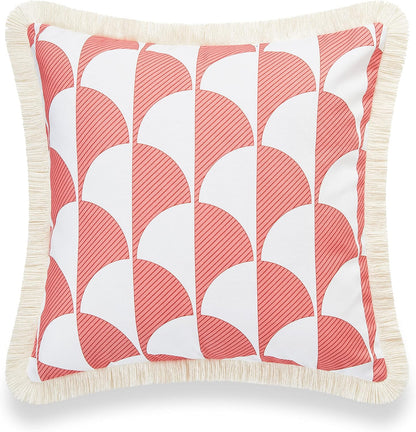 Coastal Patio Indoor Outdoor Pillow Cover Only, 20"x20" Water Resistant for Backyard, Couch, Coral Pink Scale Motif Fringe