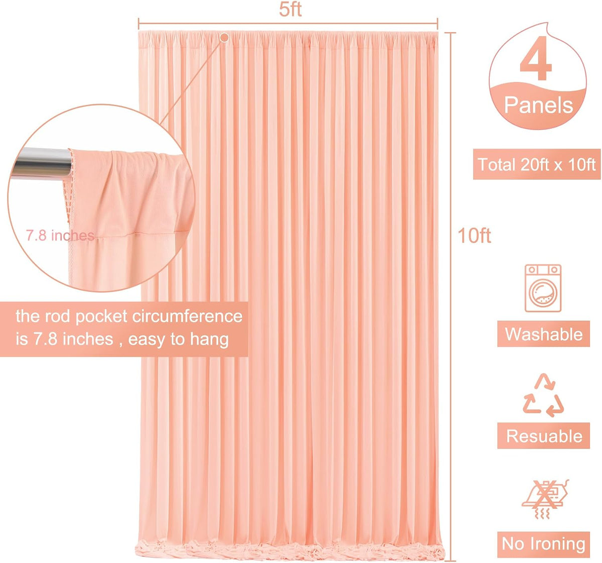 4 Panels Peach Backdrop Curtain for Parties Baby Shower Wrinkle Free Peach Photo Curtains Backdrop Drapes Fabric Decoration for Wedding Birthday Party 20ft(W) x 10ft(H)
