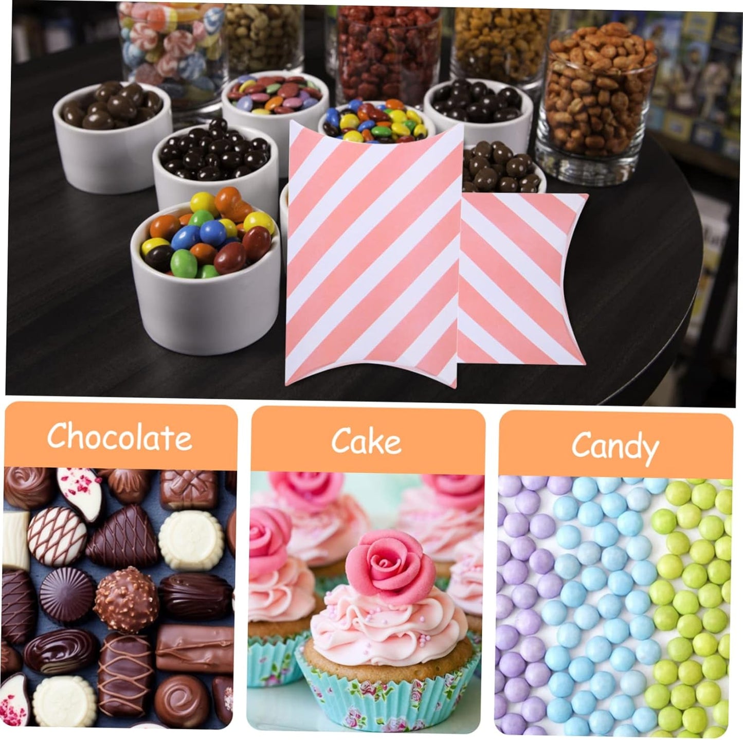 COLLBATH 20Pcs Pink Striped Gift Pillow Boxes for Snacks Candy Desserts Packaging Treat Boxes for Bakery Home Gift Shop Wedding Favor Party Supplies
