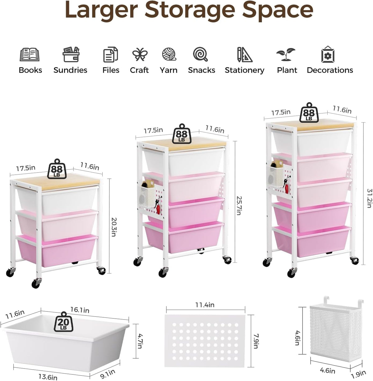 Rolling Cart with 5 Drawers, Plastic Drawer Storage Carts with Wheels & Wooden Tabletop, Metal Utility Cart with Pegboards, Office Living Room Classroom Craft Organization and Storage, Bright Pink