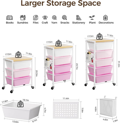 Rolling Cart with 5 Drawers, Plastic Drawer Storage Carts with Wheels & Wooden Tabletop, Metal Utility Cart with Pegboards, Office Living Room Classroom Craft Organization and Storage, Bright Pink