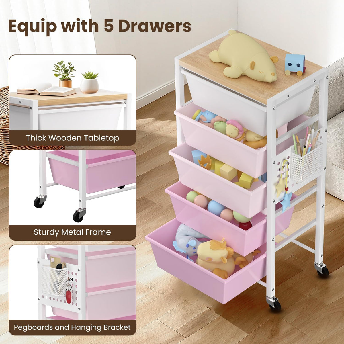 Rolling Cart with 5 Drawers, Plastic Drawer Storage Carts with Wheels & Wooden Tabletop, Metal Utility Cart with Pegboards, Office Living Room Classroom Craft Organization and Storage, Bright Pink