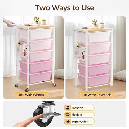 Rolling Cart with 5 Drawers, Plastic Drawer Storage Carts with Wheels & Wooden Tabletop, Metal Utility Cart with Pegboards, Office Living Room Classroom Craft Organization and Storage, Bright Pink