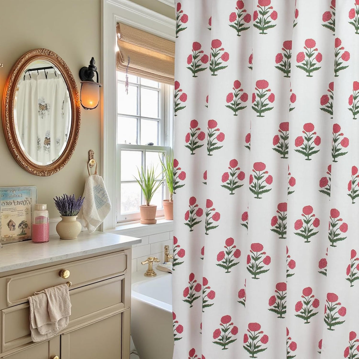 Pink Floral Shower Curtain-72x72 Inches,Cotton Blend Cloth Fabric,Girly Cute Coquette Style with Green Block Print for French Country Bathroom Decor