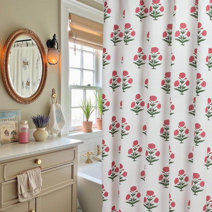 Pink Floral Shower Curtain-72x72 Inches,Cotton Blend Cloth Fabric,Girly Cute Coquette Style with Green Block Print for French Country Bathroom Decor