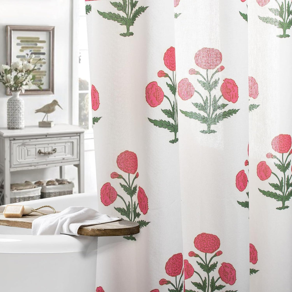 Pink Floral Shower Curtain-72x72 Inches,Cotton Blend Cloth Fabric,Girly Cute Coquette Style with Green Block Print for French Country Bathroom Decor