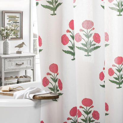 Pink Floral Shower Curtain-72x72 Inches,Cotton Blend Cloth Fabric,Girly Cute Coquette Style with Green Block Print for French Country Bathroom Decor