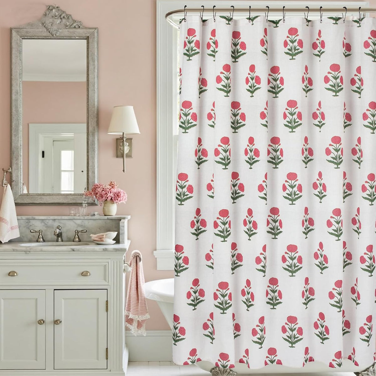Pink Floral Shower Curtain-72x72 Inches,Cotton Blend Cloth Fabric,Girly Cute Coquette Style with Green Block Print for French Country Bathroom Decor