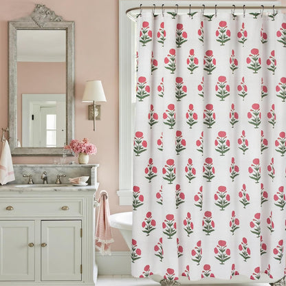 Pink Floral Shower Curtain-72x72 Inches,Cotton Blend Cloth Fabric,Girly Cute Coquette Style with Green Block Print for French Country Bathroom Decor