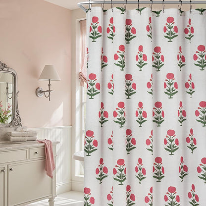 Pink Floral Shower Curtain-72x72 Inches,Cotton Blend Cloth Fabric,Girly Cute Coquette Style with Green Block Print for French Country Bathroom Decor
