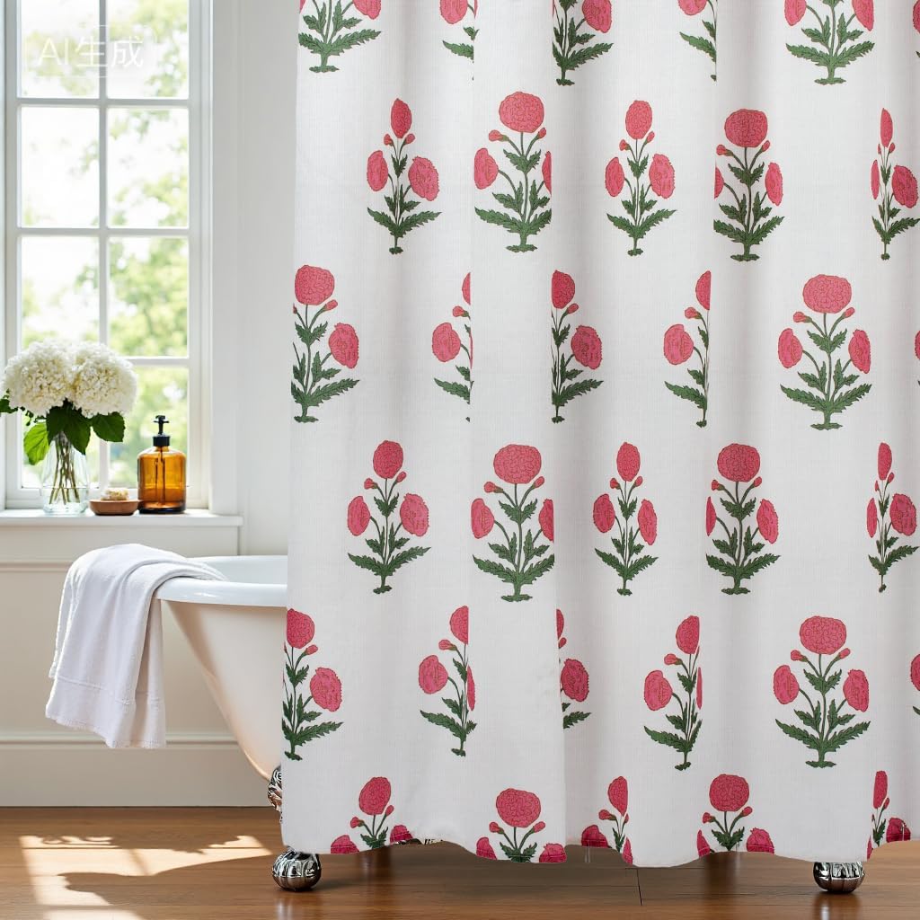 Pink Floral Shower Curtain-72x72 Inches,Cotton Blend Cloth Fabric,Girly Cute Coquette Style with Green Block Print for French Country Bathroom Decor