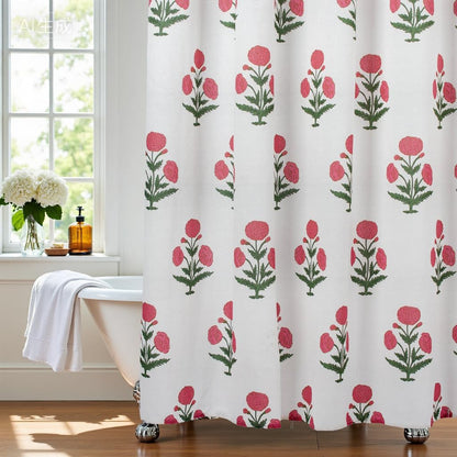 Pink Floral Shower Curtain-72x72 Inches,Cotton Blend Cloth Fabric,Girly Cute Coquette Style with Green Block Print for French Country Bathroom Decor