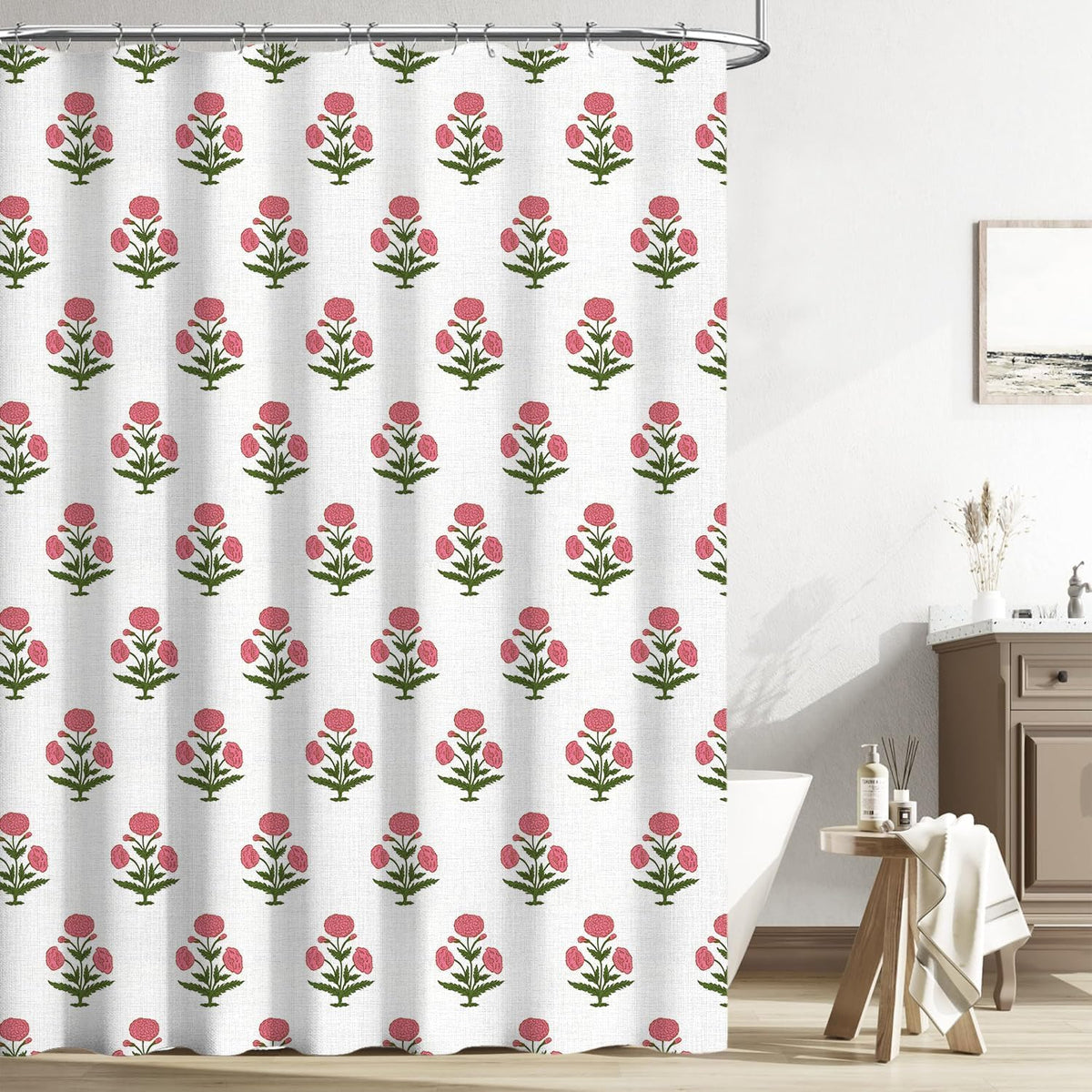 Pink Floral Shower Curtain-72x72 Inches,Cotton Blend Cloth Fabric,Girly Cute Coquette Style with Green Block Print for French Country Bathroom Decor