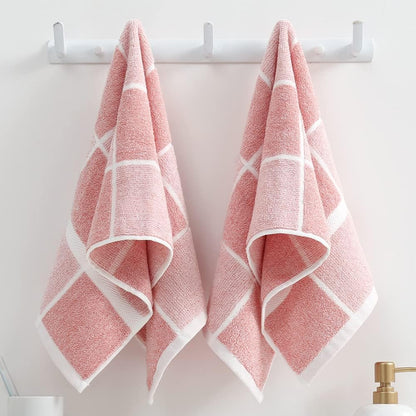 Pink Hand Towel Set of 2 100% Cotton Checkered Pattern Super Soft Highly Absorbent Decorative Hand Towels for Bathroom 13 x 29 Inch