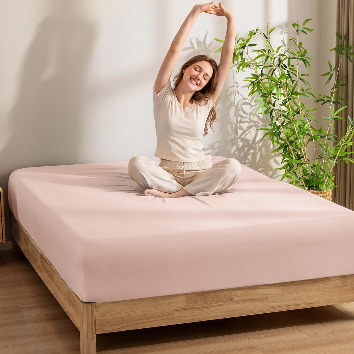 100% Rayon Derived from Bamboo Fitted Sheet Twin Size, 16" Deep Pocket,2.5cm Wider Strong Elastic Easy Fit, Breathable Silky Soft Skin-Friendly for Hot Sleeper,39"x 75",Peach Blush,No Pillowcases