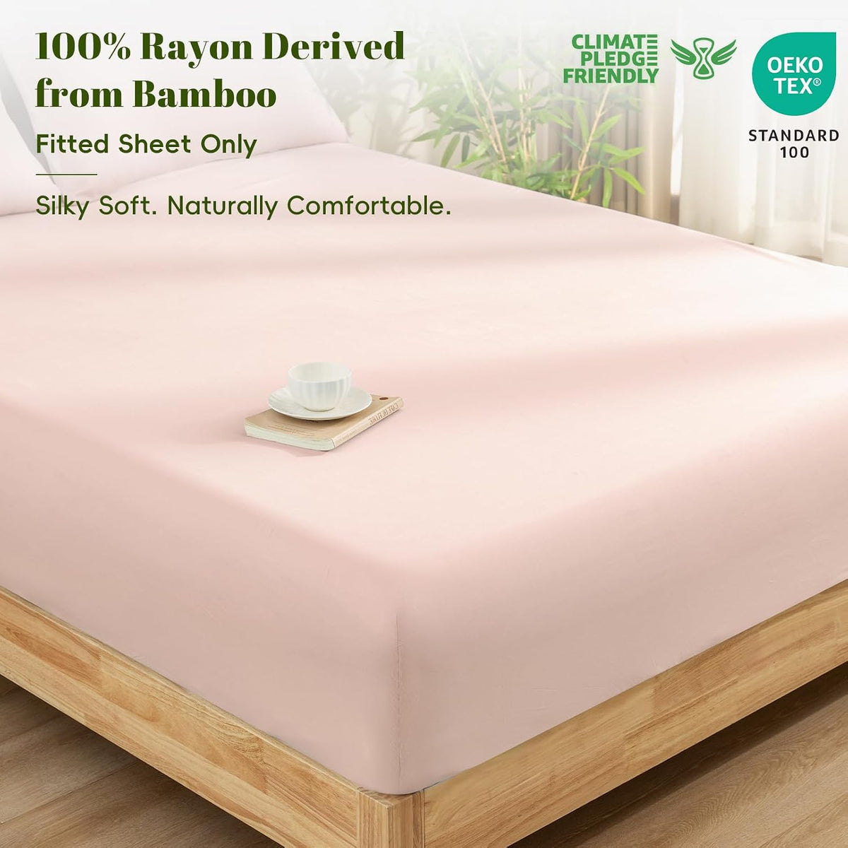 100% Rayon Derived from Bamboo Fitted Sheet Twin Size, 16" Deep Pocket,2.5cm Wider Strong Elastic Easy Fit, Breathable Silky Soft Skin-Friendly for Hot Sleeper,39"x 75",Peach Blush,No Pillowcases