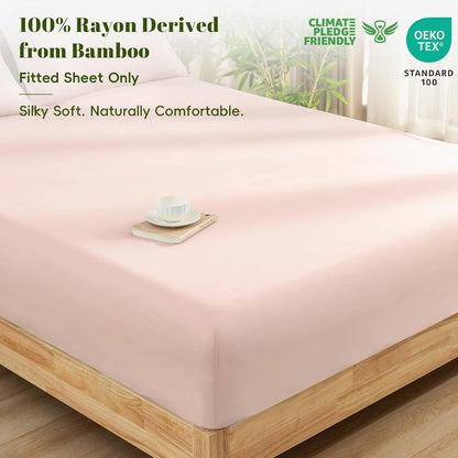 100% Rayon Derived from Bamboo Fitted Sheet Twin Size, 16" Deep Pocket,2.5cm Wider Strong Elastic Easy Fit, Breathable Silky Soft Skin-Friendly for Hot Sleeper,39"x 75",Peach Blush,No Pillowcases