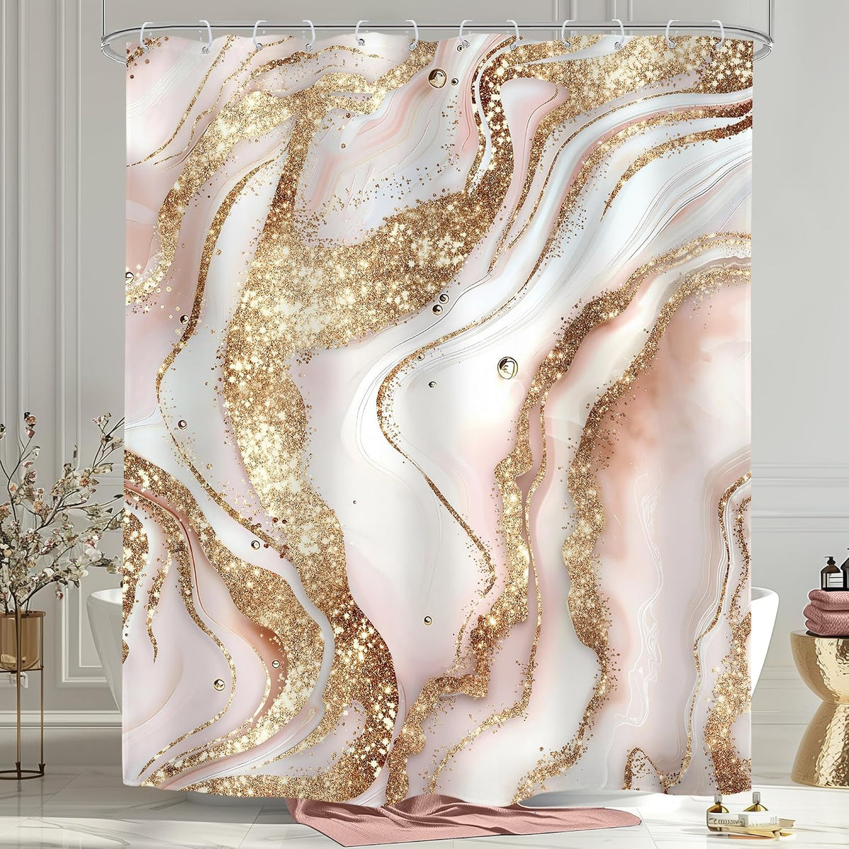Abstract Pink Gold Marble Shower Curtain Set Girls Fluid Ink Bathroom Decor