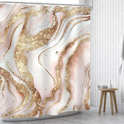Abstract Pink Gold Marble Shower Curtain Set Girls Fluid Ink Bathroom Decor