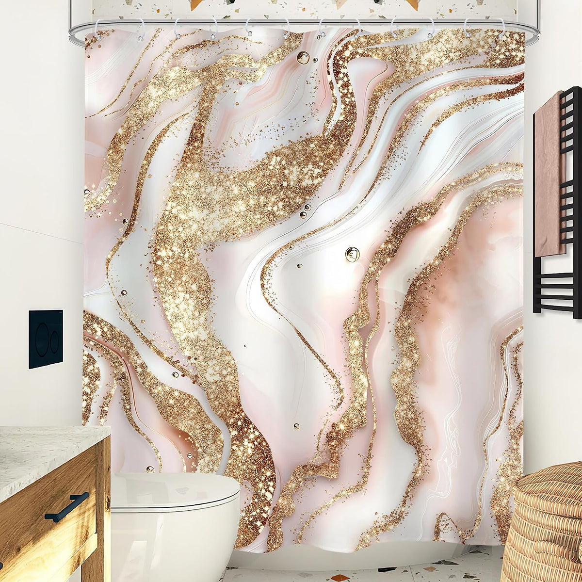 Abstract Pink Gold Marble Shower Curtain Set Girls Fluid Ink Bathroom Decor