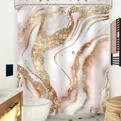 Abstract Pink Gold Marble Shower Curtain Set Girls Fluid Ink Bathroom Decor