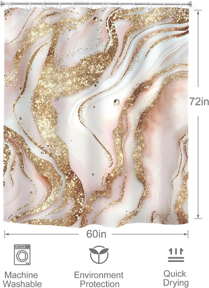 Abstract Pink Gold Marble Shower Curtain Set Girls Fluid Ink Bathroom Decor