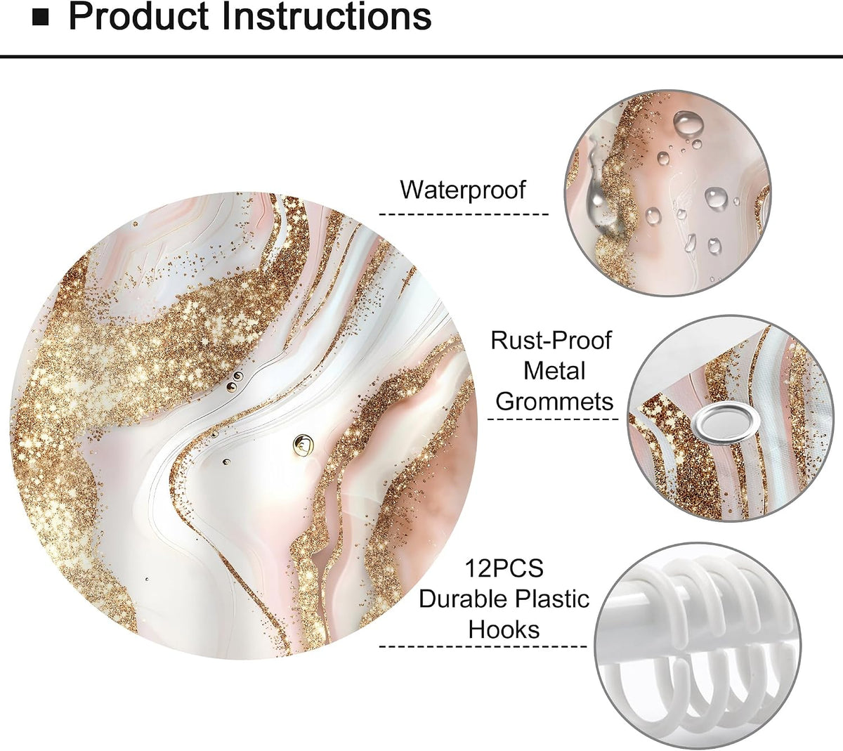 Abstract Pink Gold Marble Shower Curtain Set Girls Fluid Ink Bathroom Decor