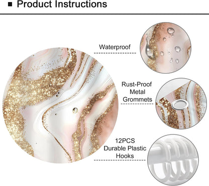 Abstract Pink Gold Marble Shower Curtain Set Girls Fluid Ink Bathroom Decor