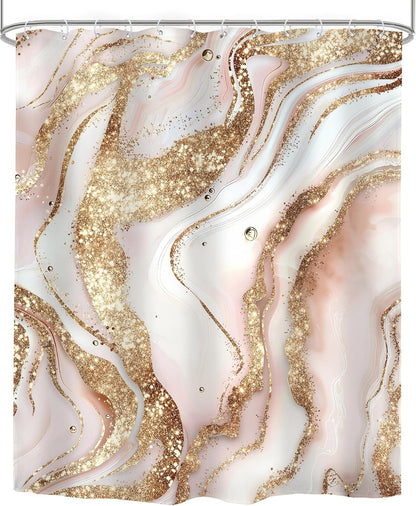 Abstract Pink Gold Marble Shower Curtain Set Girls Fluid Ink Bathroom Decor