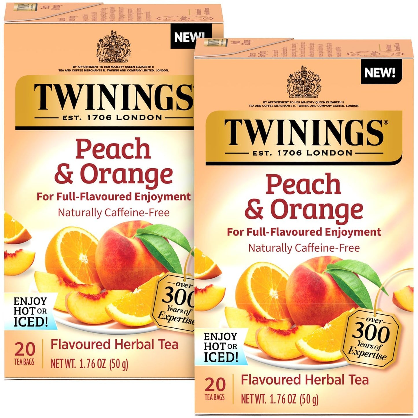 Peach & Orange Herbal Tea 2-Pack (20 Tea Bags Ea) – Naturally Caffeine-Free Sweet & Juicy Tea + Reusable Tea Bag Holder